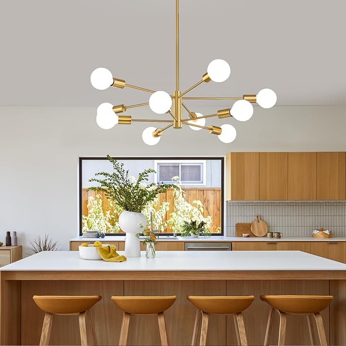 Modern Sputnik Chandeliers Light, 10-Light Gold Gold Dining Room Chandelier Over Table, Height Adjustable Industrial Semi Flush Mount Mid Century Chandelier for Kitchen Island Living Room