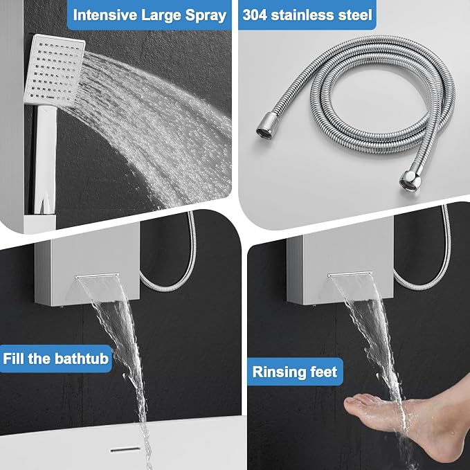 ROVOGO Shower Panel Tower System with Led Lights - Battery Powered, 46.5" | Rainfall Waterfall Shower Head, 2 Body Jets, Handheld and Tub Spout, Stainless Steel Shower Column with Brass Valves, Brushed