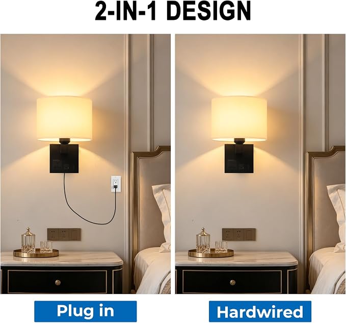 Plug in Wall Sconce, Wall Lamp with Black Base Cylindrical Shape | Wall Lamps for Bedroom Living Room Hotel, Dimmable 1pcs Bulb Included, Bedside Lamp with AC Outlet & USBA+C Charging Port