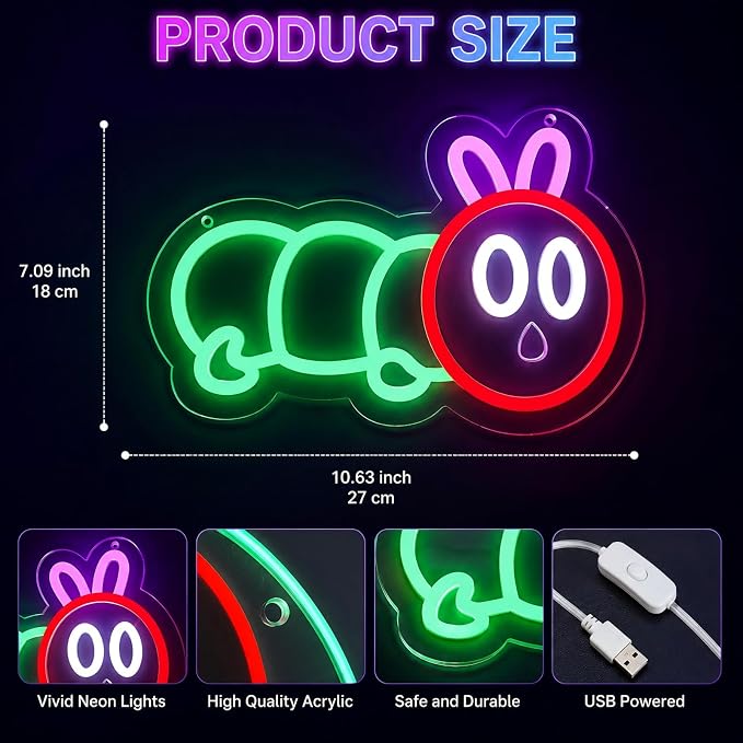 Cute Caterpillar Neon Sign for Wall Decor, Colorful LED Light Up Sign for Kids Bedroom, Baby Nursery, Playroom, Pink Green Red Neon Light, USB Powered Acrylic Sign, Gift for Boys & Girls