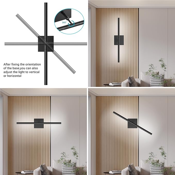 Tipace Hard-Wired LED Bathroom Light Fixtures Over Mirror,24W 360°Rotatable 5500K Black Vanity Light Bar,Modern Wall Sconce for Living Room,Bedroom,Hallway,23.6 Inch