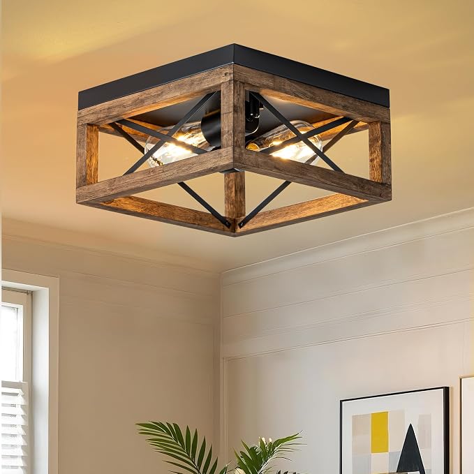 Mayful Black Farmhouse Flush Mount Ceiling Light Fixturet,2-Light Rustic Hallway Light Fixtures with Metal and Wood Design, Industrial Close to Ceiling Light Fixtures for Kitchen Entryway Foyer