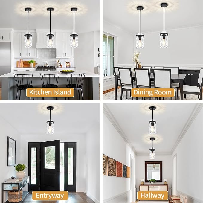 2 Pack Modern Pendant Lights Kitchen Island Black Pendant Lighting Over Island, Hand-Blown Glass Kitchen Hanging Pendant Lights Mini Chandelier for Dining Room Bedroom Hallway Bathroom Foyer Lighting