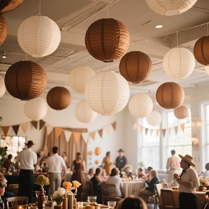 Boho Paper Lanterns, 12 Pcs Brown Nude White Chinese Lanterns Different Sizes for Baby Shower Garden Tea Party Bachelorette Birthday Wedding Party Decorations