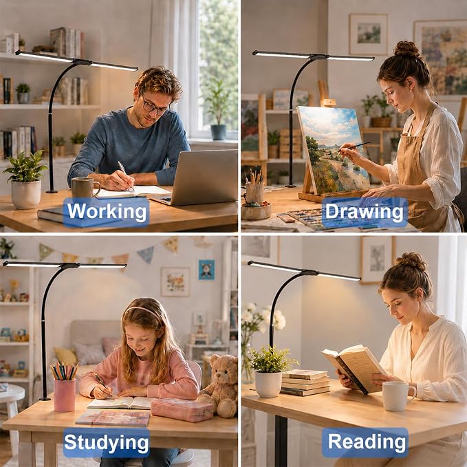 LED Desk Lamp for Home Office, Eye-Care Architect Light with Clamp, Double Head Computer Monitor Table Light with 3 Color Modes 10 Brightness, Adjustable for Reading, Study, Workbench, Black
