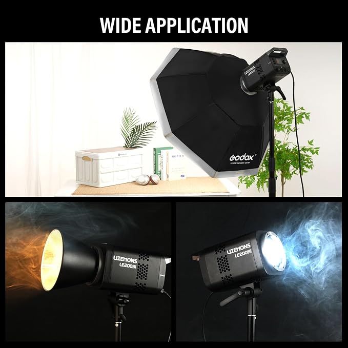 Godox Litemons LE200Bi LED Video Light Kit with Softbox Light Stand | CRI 98+, 2800K-6500K, 57700 Lux Output, DMX/App Control for Studios Ultra Quiet for Content Creation