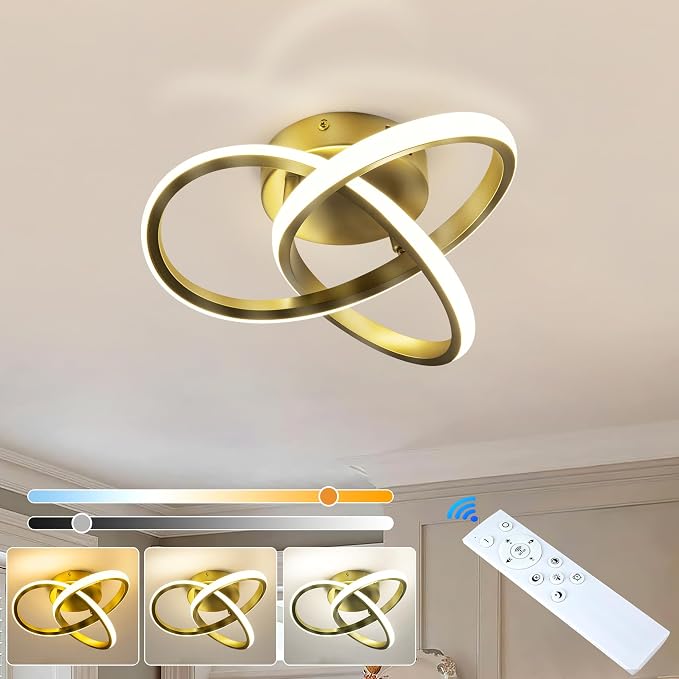 10 Inch Modern Ceiling Light, 24W LED Dimmable Ceiling Light with Remote Control, 3000-6000K Color Temperature Adjustable, Gold Small Chandelier for Bedroom, Entryway, Hallway, Kitchen