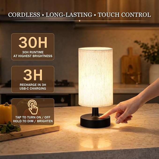 Kakanuo Small Cordless Table Lamp with Rechargeable Battery, Black, 1 Pack | Touch Stepless Dimming, 3000K Warm Light, Beige Fabric Shade, 30H at Full Brightness, for Bedside, Bedroom and Living room