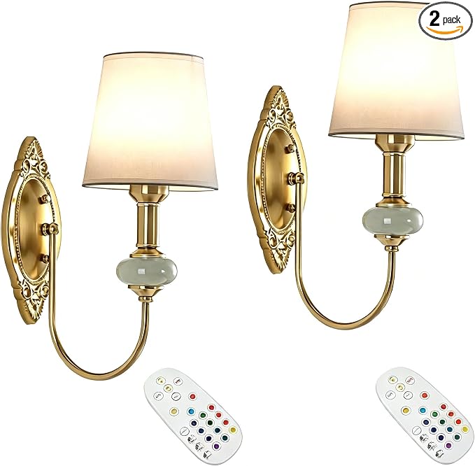 Vintage Battery Operated Wall Sconce Set of 2, Gold LED RGB 15 Color | Dimmable Wireless Wall Sconces with Remote Control, Antique Fabric Rechargeable Wall Lights for Bedroom Living Room Hallway