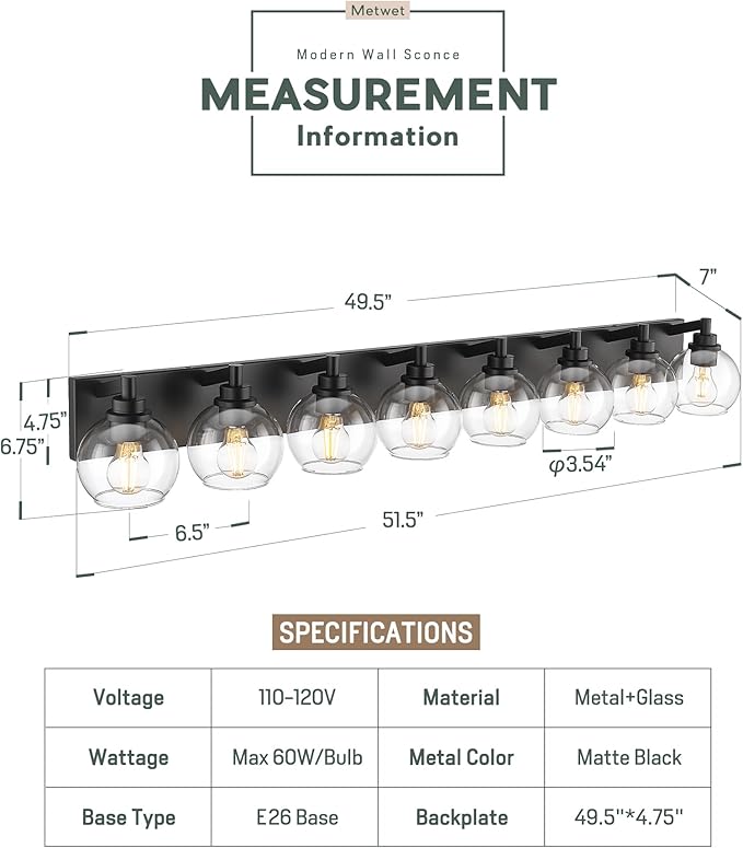8-Light Bathroom Light Fixtures, Matte Black Vanity Light, 52 Inch Modern Wall Sconces with Globe Clear Glass Shade, Vanity Lighting Fixtures Over Mirror, VL195-MB-8