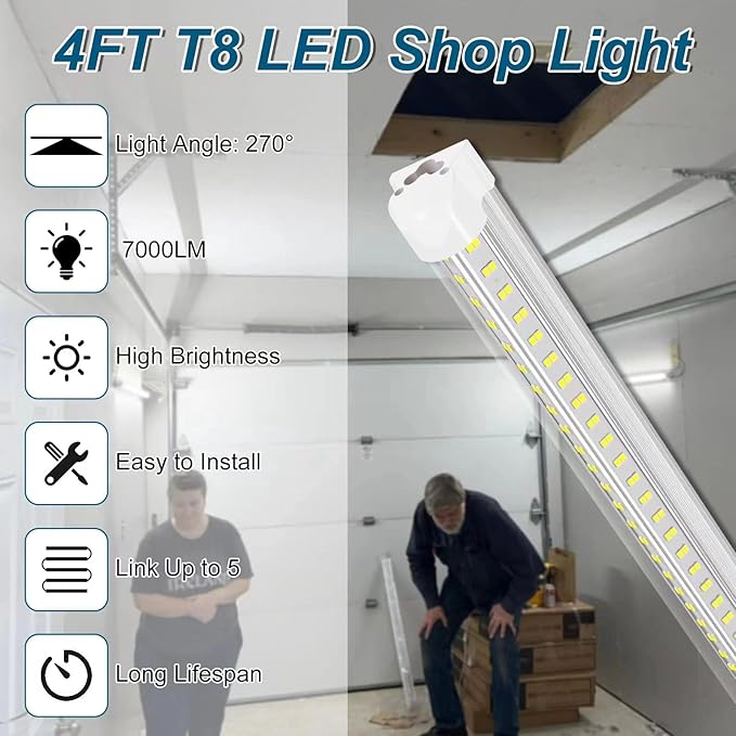 LED Shop Lights,4FT Led Light 6500k Daylight 50W 7000LM.4 Foot Shop Lighting Clear Cover Integrated V-Shape,Led Garage Lights for Workshop 4ft,Warehouse Commercial Bay Lighting(2-Pack)