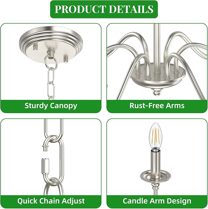 6-Light Farmhouse Chandelier 28'', Rustic Industrial Kitchen Island Pendant Lighting Fixture, Vintage Candle Ceiling Light for Dining Room, Living Room, Entryway, Bedroom-Brushed Nickel