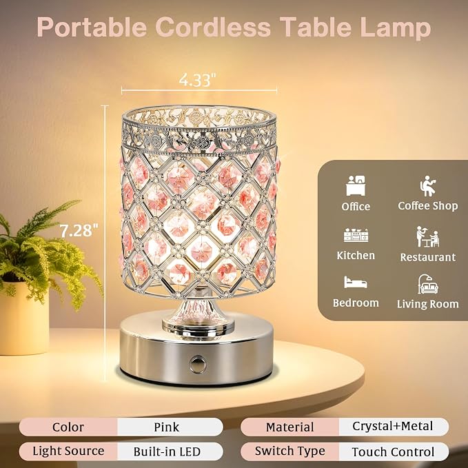 Pink Crystal Rechargeable Cordless Table Lamp, Touch Small Desk Lamp | 6000mAh Battery, 3 Color Temps, Stepless Dimming, USB Charging, Portable Wireless Night Light for Bar Bedroom Living Room