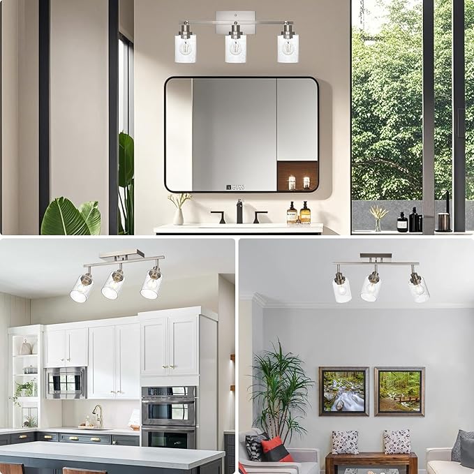 3-Light Brushed Nickel Kitchen Track Lighting Fixtures Ceiling Mount Track Lighting Kit with Bubble Seeded Glass Shade Modern Bathroom Tracking Vanity Lights Ceiling Tracking Accent Shop Light