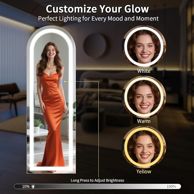 Koonmi LED Arched Full Length Mirror, 65"x24" Full Length Mirror with Lights, Lighted Floor Mirrors with Stand, Full Body Mirrors with Dimming & 3 Color Lightingfor Living Room Cloakroom, White