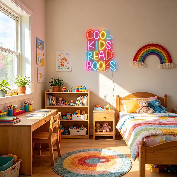Cool Kids Read Books Neon Sign for Wall Decor Letter Reading Books Neon Light USB Dimmable Classroom LED Light Up Sign for Reading Corner Library Classroom Bedroom Decor