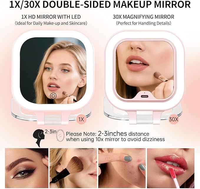 FUNTOUCH Travel Makeup Mirror with Light, 1X/30X Magnifying with 3 Light Settings & Adjustable Brightness,Rechargeable Folding Compact Double Sides Mirror for Home and Travel, Soft Pink
