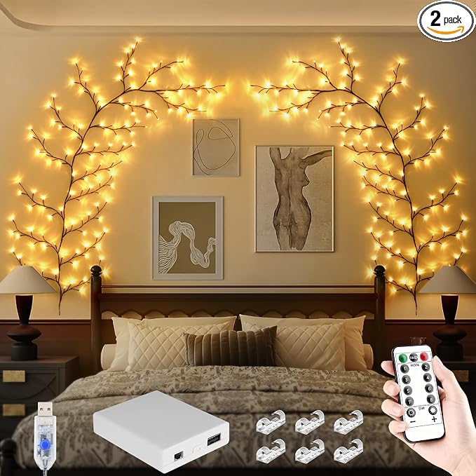 7.55FT 144LED 2PCS Brown USB Tree Branch Lights for Wall with Battery Box | Enchanted Tree Branch Lights for Wall, Bedroom Wedding, Christmas with Remote Timer, 8 Light Model, USB Battery Box