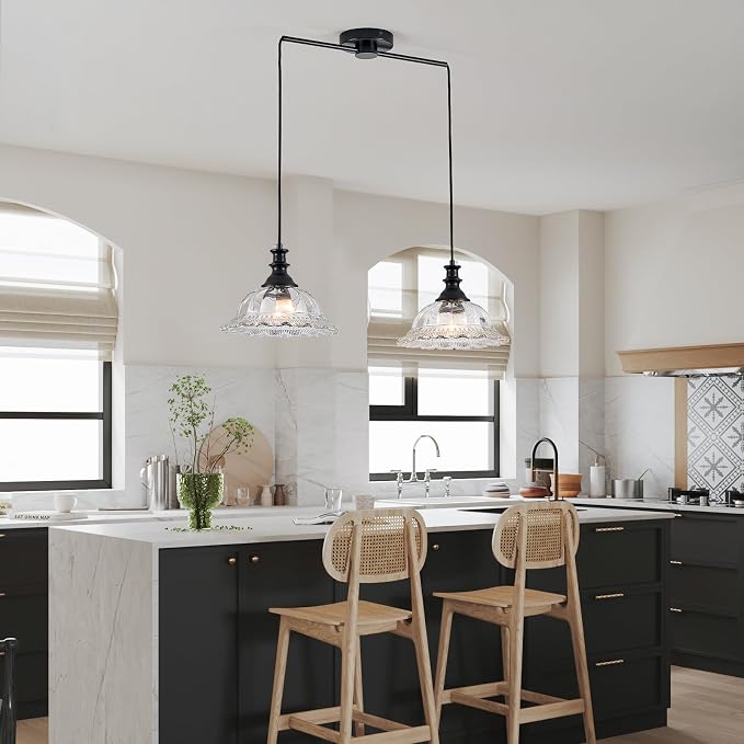 HDDFL 2 Light Pendant Light Fixtures Modern Glass Hanging Lights with Adjustable Cord for Kitchen Island Dining Room Living Room Hallway Black and Clear