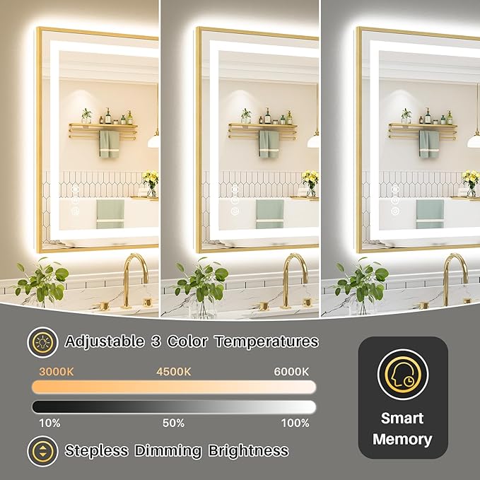 48x30 Inch LED Bathroom Mirror with Gold Frame, Backlit & Front Lit | Anti-fog, 3 Color Dimmable, Memory Function, HD Reflection Tempered Glass, ETL Listed, IP54 Waterproof