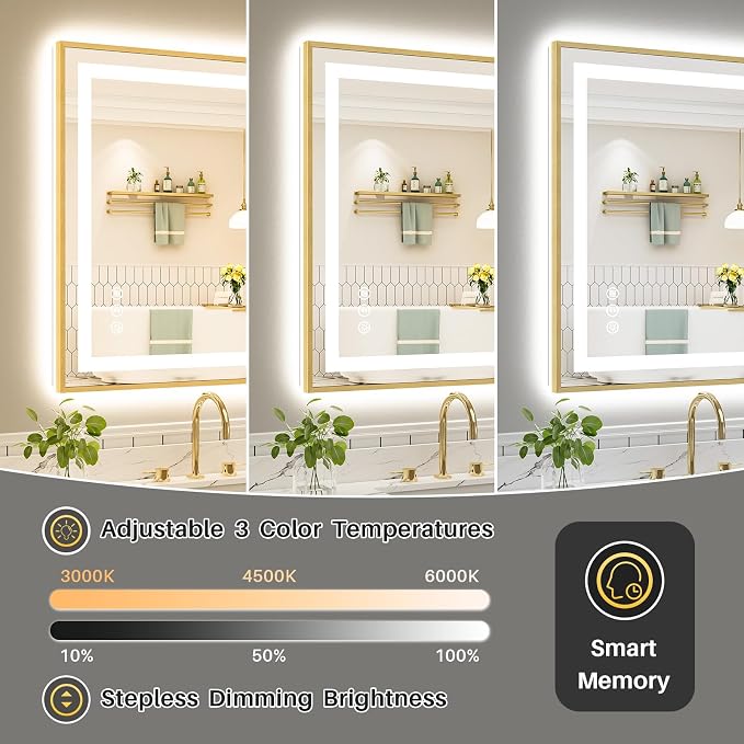 44x30 Inch LED Bathroom Mirror with Gold Frame, Backlit & Front Lit | Anti-fog, 3 Color Dimmable, Memory Function, HD Reflection Tempered Glass, ETL Listed, IP54 Waterproof