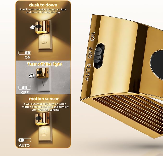 L LOHAS LED Motion Sensor Night Light, Night Lights Plug into Wall, 4 Pack | Nightlight with Dusk to Dawn & Motion Detection Sensor, 30-100Lm Adjustable Brightness, 3000K Warm White, Gold Housing