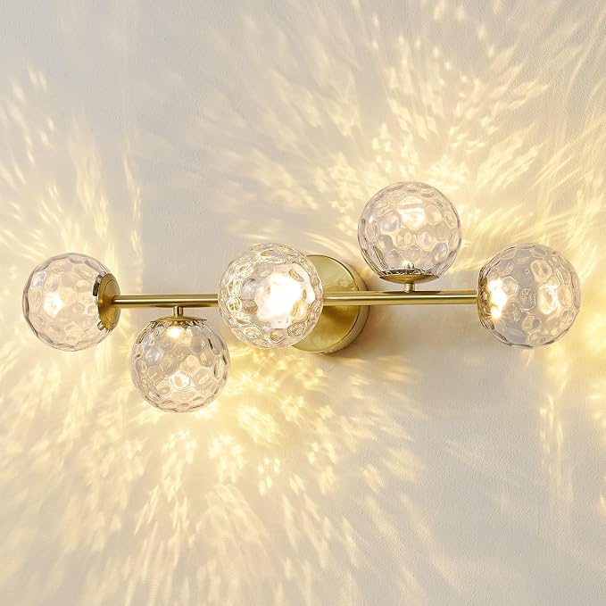LED Brushed Gold Modern Hammered Glass Globe Bathroom Vanity Light | Hammered Glass Globes, Stunning Ripple Reflections, Mid Century Modern Design, Brushed Gold Finish, Integrated LED Source
