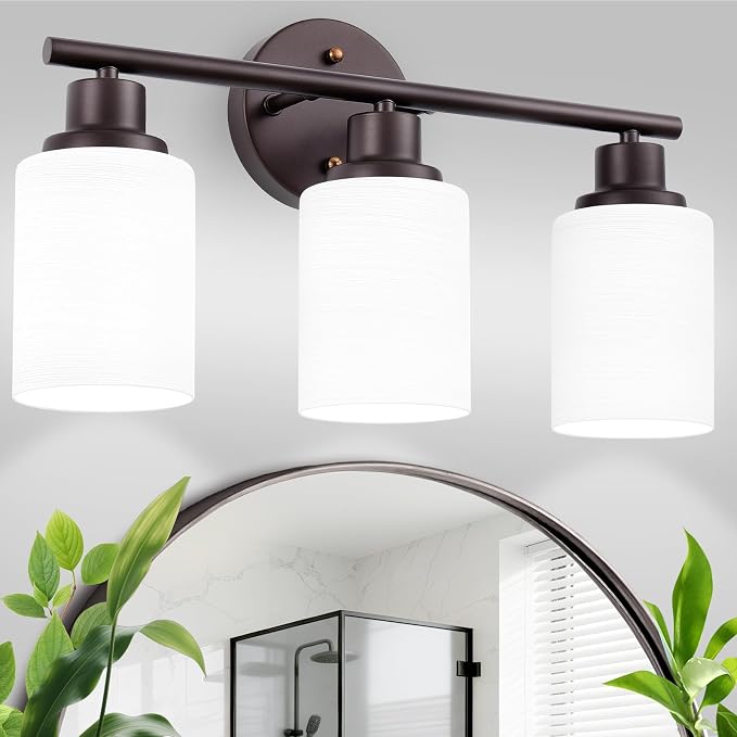3-Light Bathroom Light Fixtures, Vanity Lights for Mirror with Textured Milky White Glass Shade, Modern Kitchen Light Fixtures Wall Sconce Light - E26 Base - Oil-Rubbed Bronze