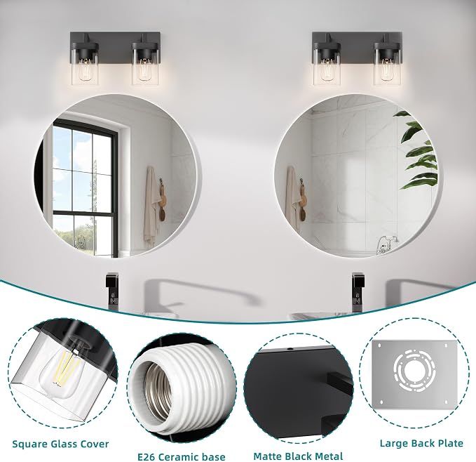 Bathroom Vanity Light, Square Design 2 Lights Morden Bathroom Lighting Fixtures Over Mirror, Black Light Fixtures for Living Room/Bedroom