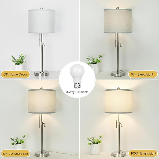Table Lamps for Bedrooms Set of 2, 22" to 30" Height Adjustable Nightstand Lamps with Linen Shade, Pull Chain Switch Lamps for Living Room, 3 Way Dimmable Bedside Lamp