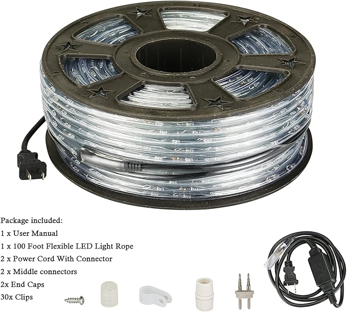 LED Rope Lights, 100Ft 110V Waterproof Rope Lights for Outside, Outdoor String Lights, Ideal for Eaves, Backyards Garden, Christmas Decoration(Cold White)