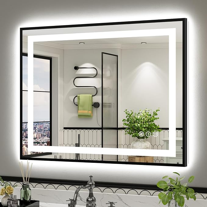 40x32 Inch LED Bathroom Mirror with Black Frame, Backlit & Front Lit | Anti-fog, 3 Color Dimmable, Memory Function, HD Reflection Tempered Glass, ETL Listed, IP54 Waterproof