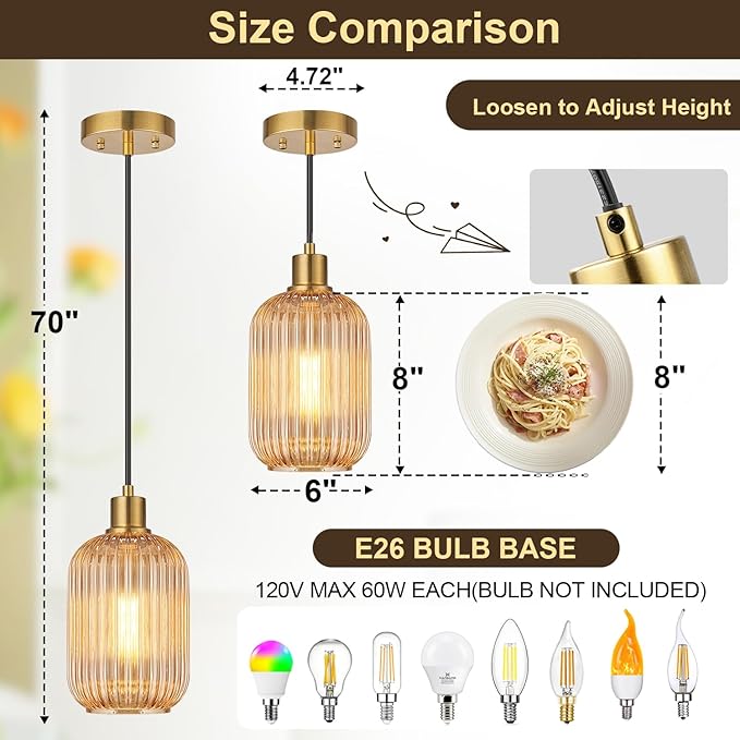 2 Pack Amber Cylinder Pendant Lights Kitchen Island with Ribbed Lampshade, Brushed Gold Hanging Light Fixture, Adjustable Pendant Lighting for Kitchen Island Sink Dining Room (Bulbs Not Included)