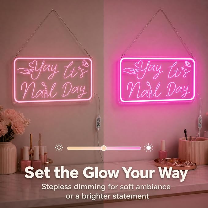 Pink Neon Sign, Yay It's Nail Day LED Neon Light Sign with Motion Sensor & 3-Key Dimmable Mode, USB Powered Neon Signs for Wall Decor, Nail Salon Decor, Nail Room Decor, Teen Girl Room Decor, Stylish Nail Tech Gifts for Women