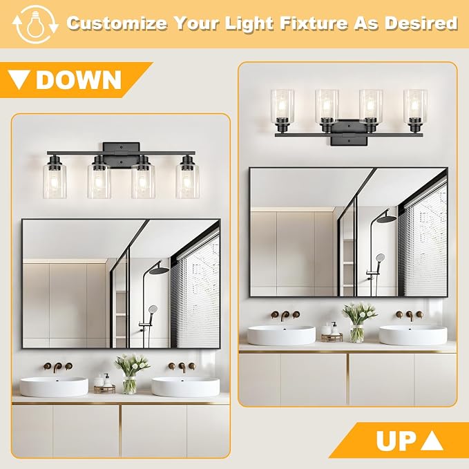 Modern Black Bathroom Light Fixtures, 4-Light Vanity Lights Over Mirror with E26 LED Bulbs Included, Wall Sconce with Clear Glass Shades for Living Room Bedroom Hallway Kitchen