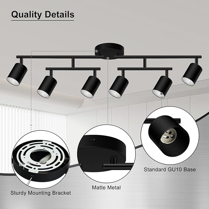 6 Light Track Lighting Fixtures Ceiling, Matte Black Kichen Track Lighting Fixtures with Rotatable Light Heads, Upgrade Light Poles, Modern LED Sopt Lights for Kitchen/Hallway, No GU10 Bulb