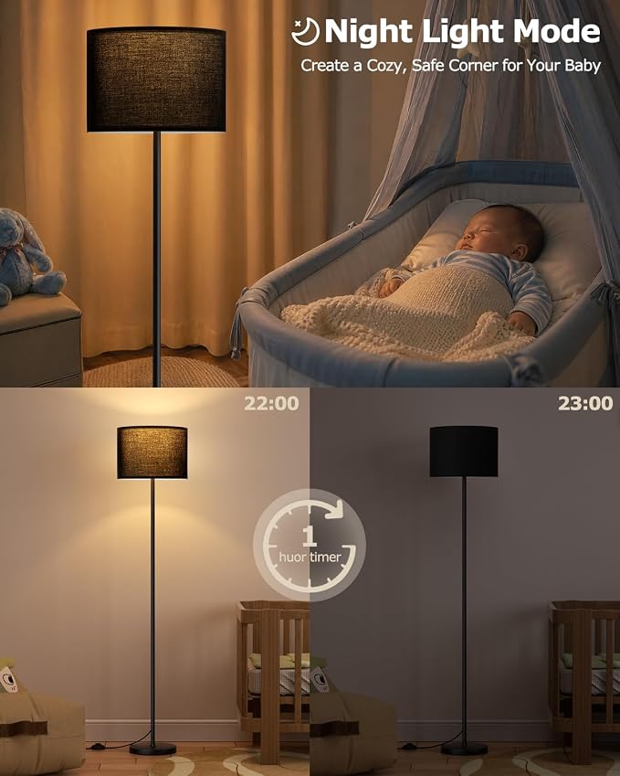Dimmable Floor Lamp for Living Room with Remote, 9W 900LM LED Bulb Included, Black Shade Black Pole