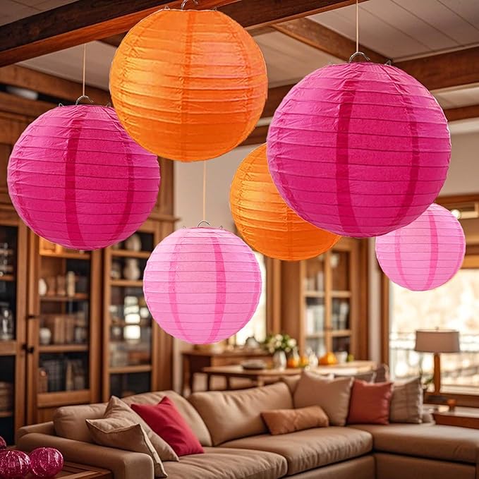 Hot Pink-Orange and Pink Paper Lanterns 12Pcs Hanging Lanterns for Birthday Party, Wedding, Home Decor, Baby Shower Festive Decoration