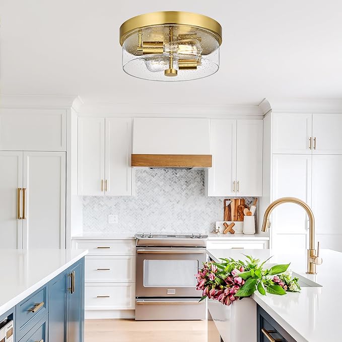 Flush Mount Ceiling Light Fixtures, 2-Light Gold Ceiling Mount for Farmhouse with Seeded Glass Lampshade, Industrial Flush Mount Light Fixture Farmhouse for Hallway, Kitchen, Entryway and Foyer