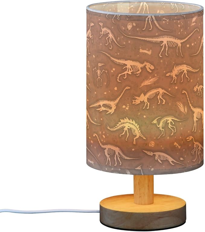 Table Lamp Dinosaur Fossil Dino Skeletons Pattern Nightstand Lamp with Wood Base Fabric Lamp Shade Bedside Desk Lamp for Living Room Bedroom Kids Room Office