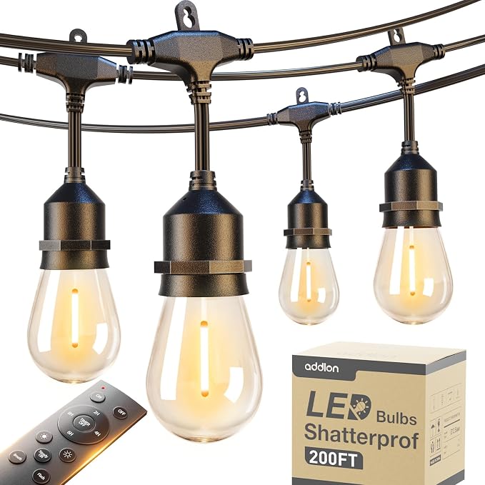 addlon 200FT Outdoor String Lights with Remote Dimmable Waterproof Patio | Warm White Edison Bulbs, Heavy Duty Shatterproof Hanging Strand for Outside Backyard Porch Garden Bistro Pergola Party