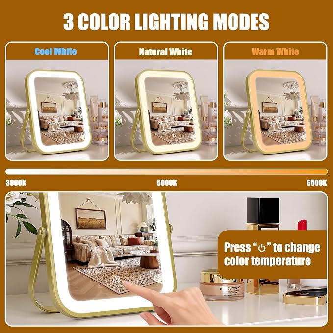 Rechargeable Vanity Mirror with Lights, 10"×8" Makeup Mirror with Lights, 1500mAH Battery, Smart Touch with 3-Color Lighting, Dimmable, HD Desk Mirror, Travel Essentials, Women Gift (Gold)