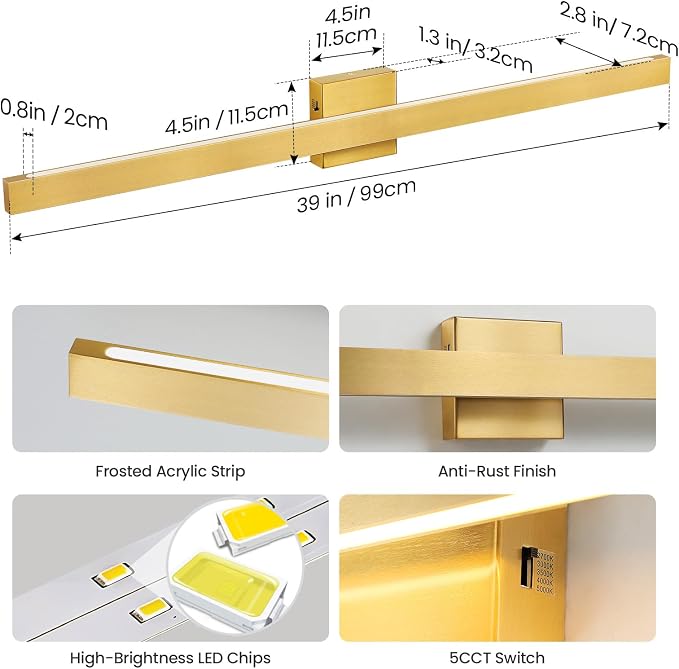 Modern Bathroom Lighting Fixtures Over Mirror, 39 Inch 30W Gold Vanity Light Bar for Bathroom, Dimmable 5CCT LED Bathroom Wall Light Fixtures