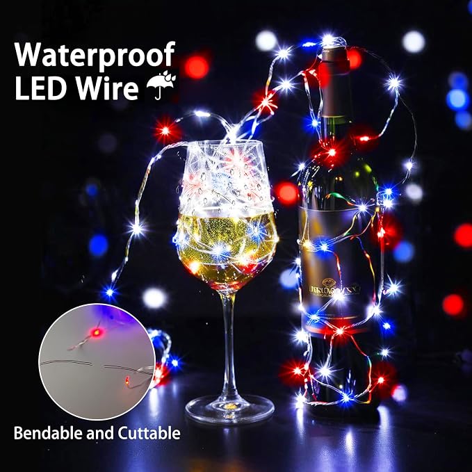 4th of July Decor 3 Pack Fairy Light Battery Operated Remote Red White Blue | Each 26FT 80LED, 8 Modes & Timer, Waterproof Wire, Patriotic Twinkle String Light for Independence Memorial Veteran Day Decor