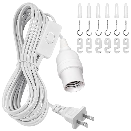 DiCUNO Hanging Lantern Extension Cord Cable, E26 Pendant Light Socket On Off Inline Cord Switch Control Lamp, Switch Close to Polarized Plug, 20 Feet (6M), White, 1-Pack