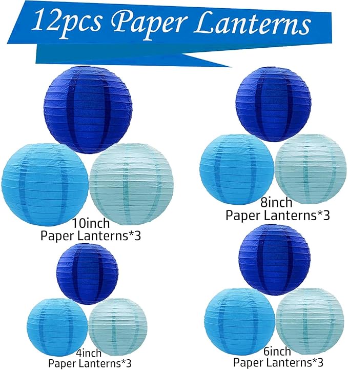 Blue Paper Lanterns 12Pcs Hanging Lanterns for Birthday Party, Wedding, Home Decor, Baby Shower Festive Decoration