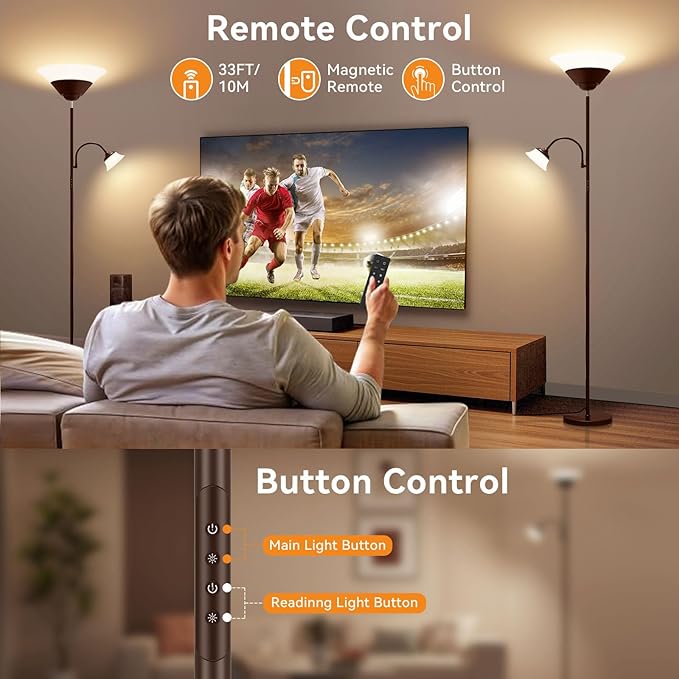 2-in-1 Torchiere Floor Lamp, 34W Super Bright LED Standing Lamp with Remote & Touch Control, 72" Dimmable Adjustable Corner Reading Lamp for Living Room, Bedroom, Office, Brown