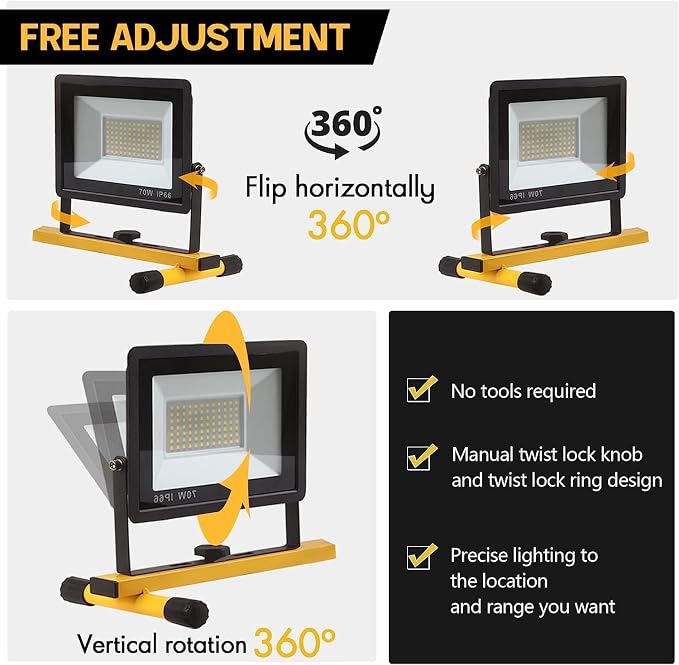 22000 Lumen Work Lights with Stand, 3 Adjustable Head LED Work Light, with Adjustable and Foldable Tripod Stand, Waterproof Lamp with Individual Switch with 6500 Kelvin Color Temperature 2Pack