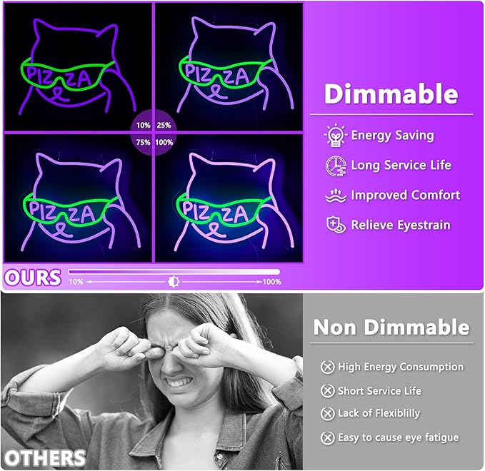 Pizza Sunglasses Cat Neon Sign, Anime Neon Signs for Pizzeria Wall Decor, Dimmable Led Signs for Bedroom, Light Up Signs for Resturant Kitchen Bar Beer Man Cave Party Decorations Gifts