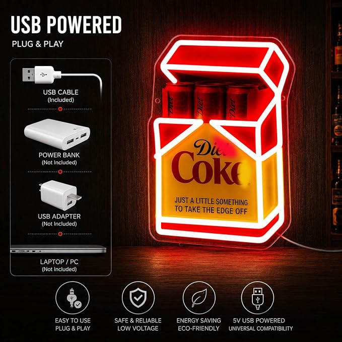 Vintage Fridge Cig Pack LED Neon Sign for Wall Decor, USB Powered Dimmable Neon Light, Retro Beverage Box Light for Home Bar, Man Cave, Garage, Game Room, Pub Decor